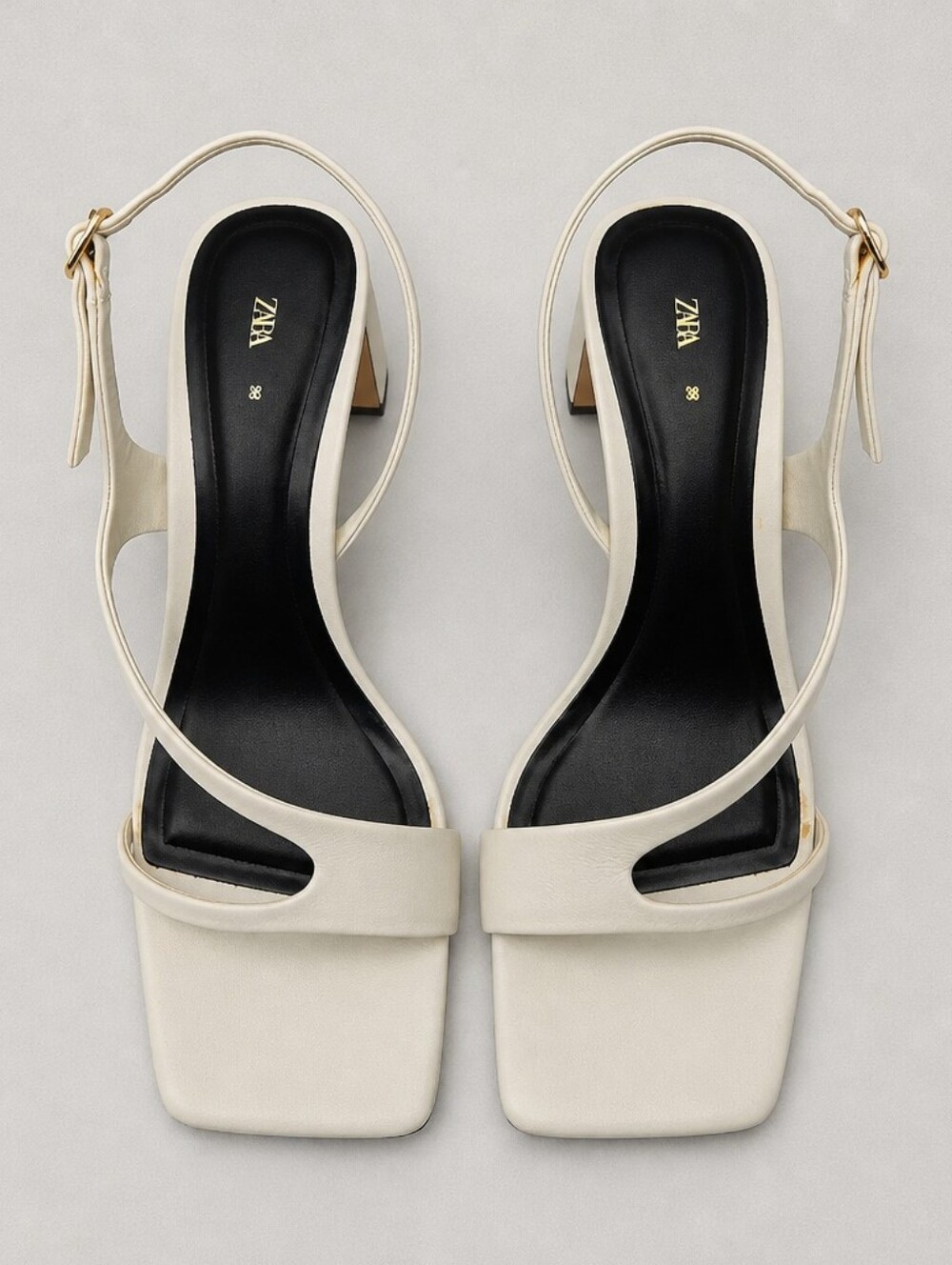 Zara Ivory Square Toe Slingback Block Heel Sandals EU 39 Y2K Inspired Style